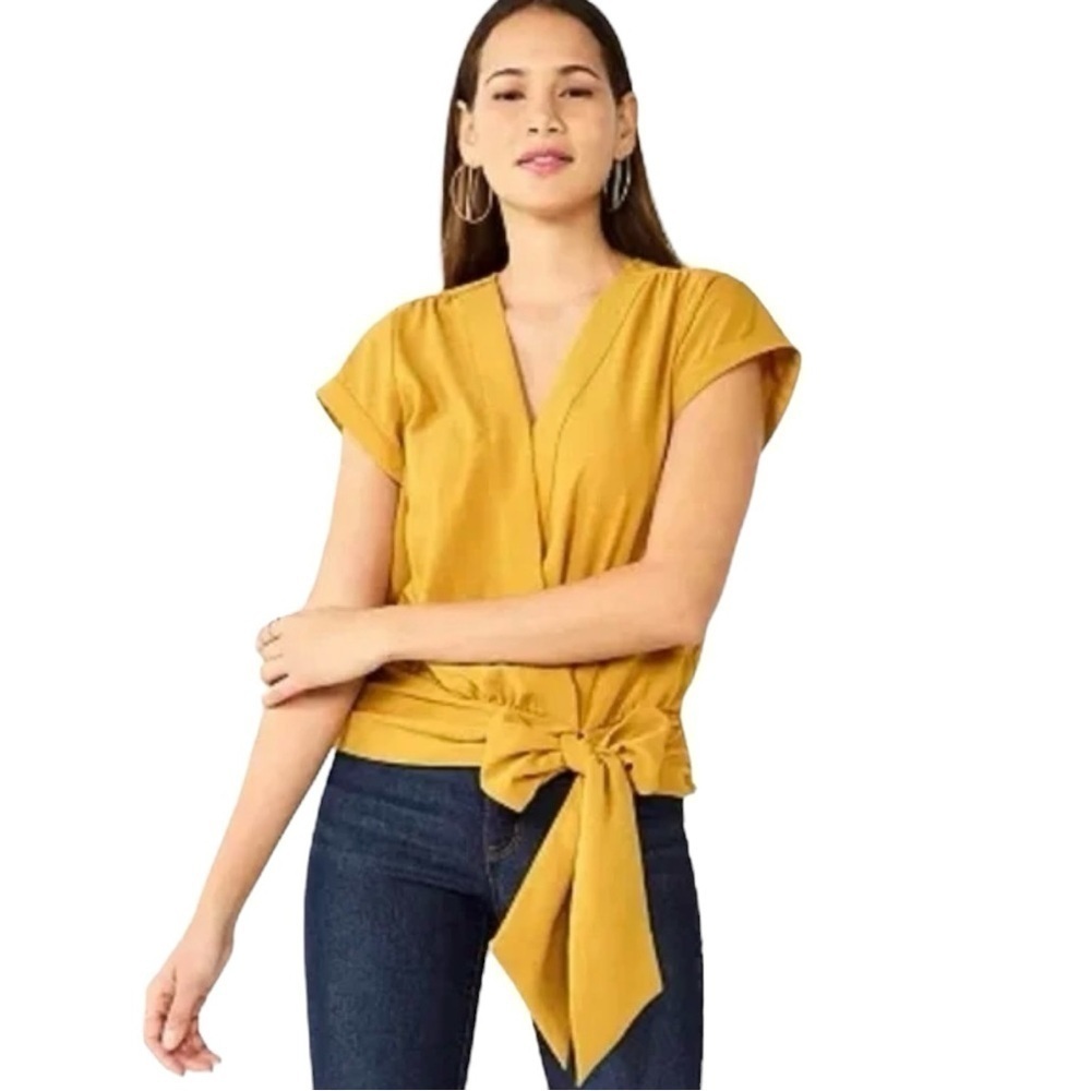 NWOT NINE WEST Women's Tie Waist Wrap Top Blouse Mustard Yellow Size XS